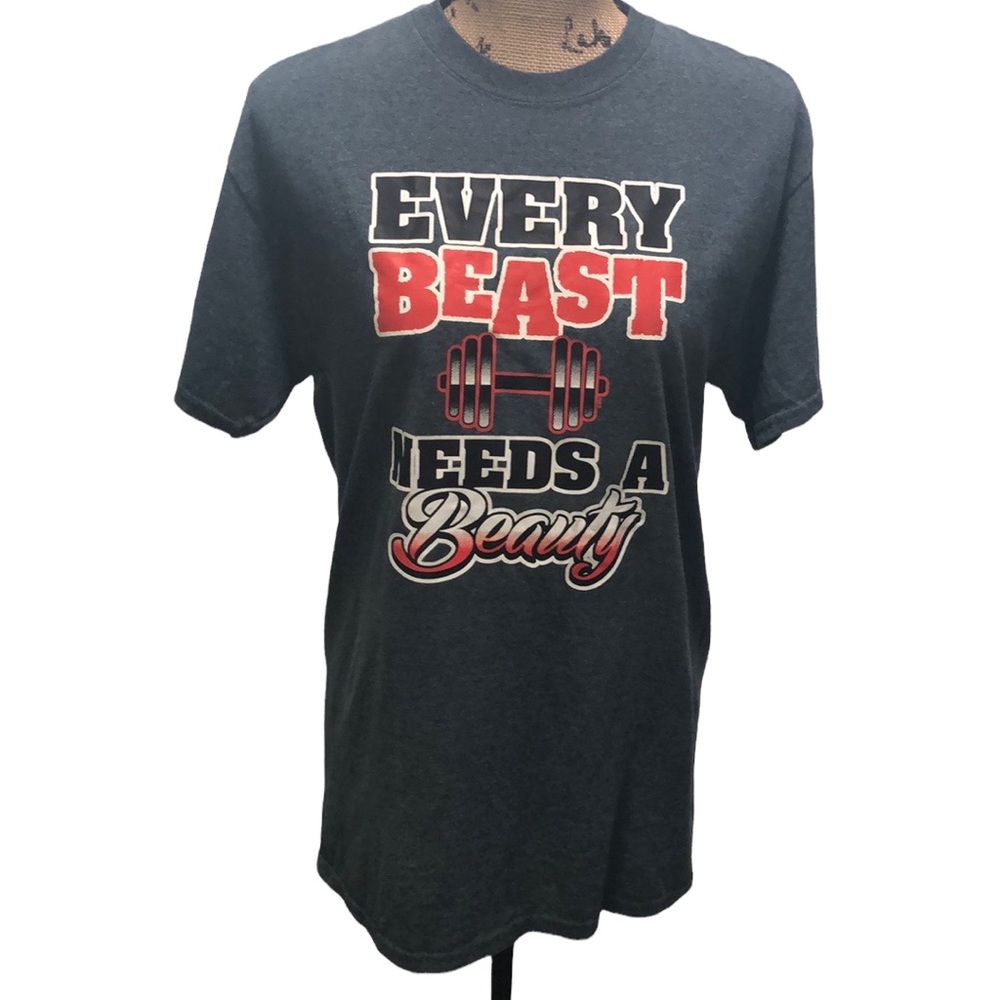 {Gildan} Dark Gray Crewneck Every Beast Needs A Beauty Tee Disney